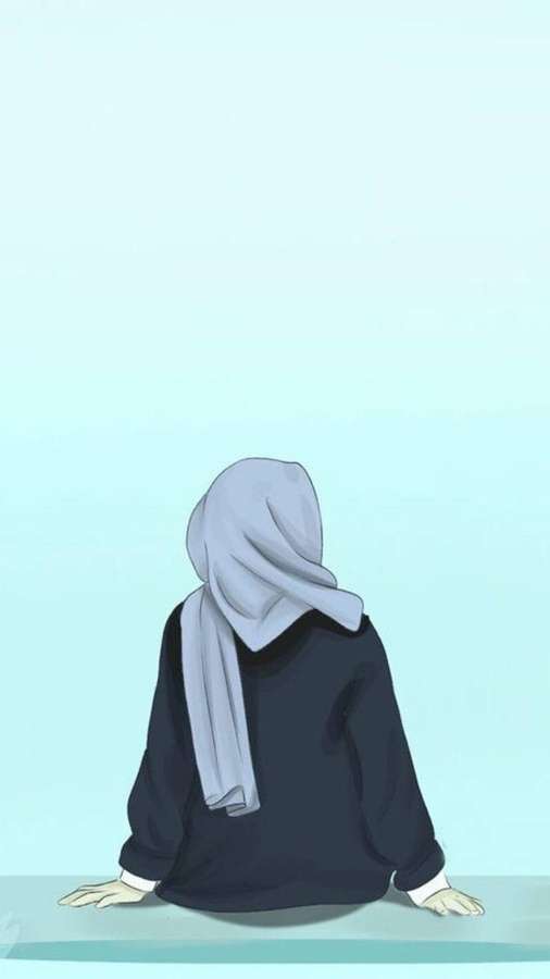 Henkilö hijabissa istuu selkä katsojaan päin syaanitaustaa vasten — Muslimi Taustakuvat