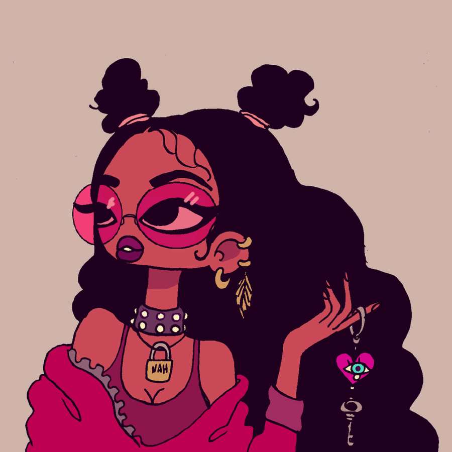 Tyttö vaaleanpunaisilla laseilla ja poninhännillä pitäen sydän-avaimenperää, jossa on silmä. — Mustakuningatar Taustakuvat