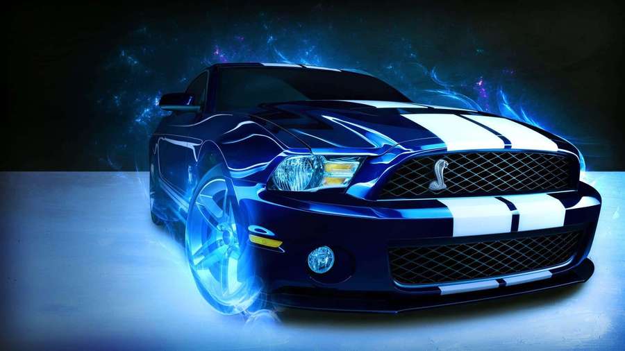 Blue Shelby Mustang with white stripes surrounded by electric blue energy effects. — Mustang Background