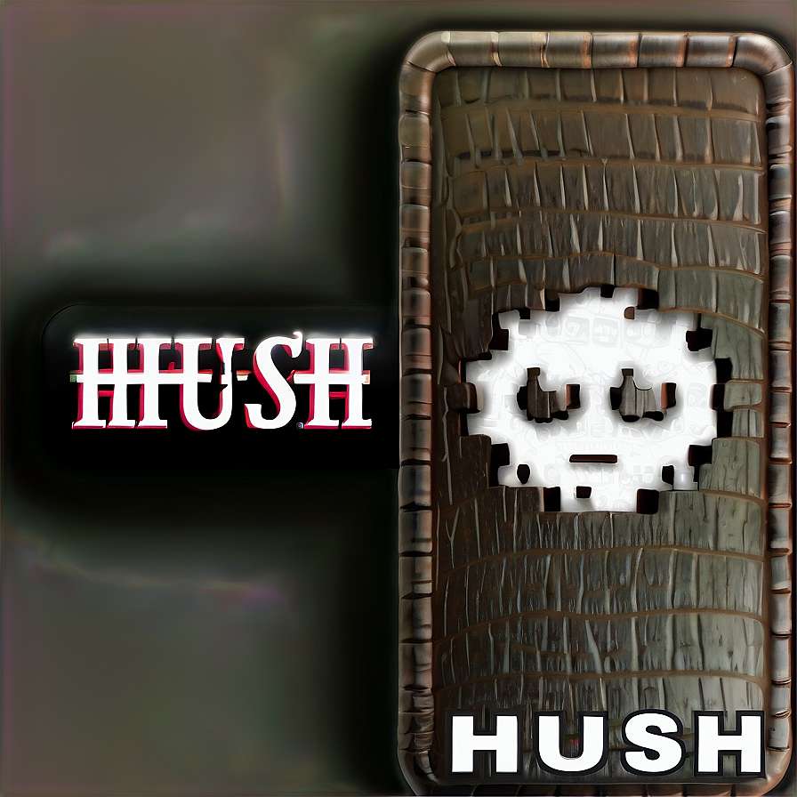 A pixelated skull on a textured tablet with glowing HUSH text. — Mute Picture