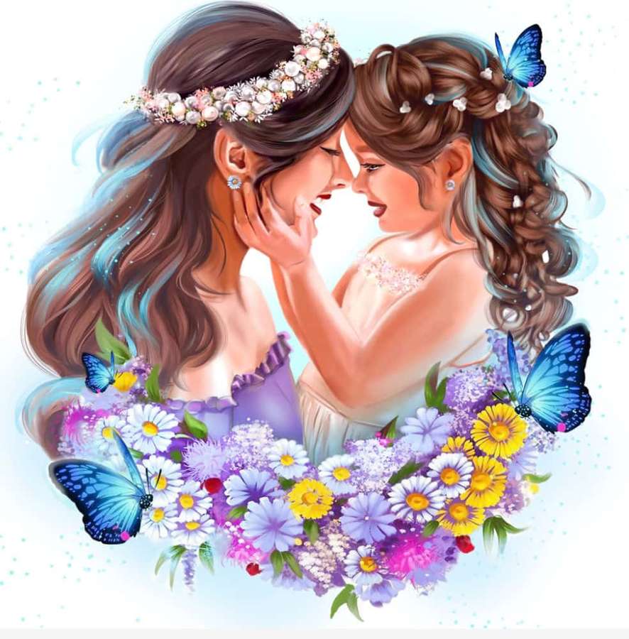 Mutter und Tochter in Blumenkränzen umarmen sich mit Schmetterlingen und Wildblumen. — Mutter Bilder