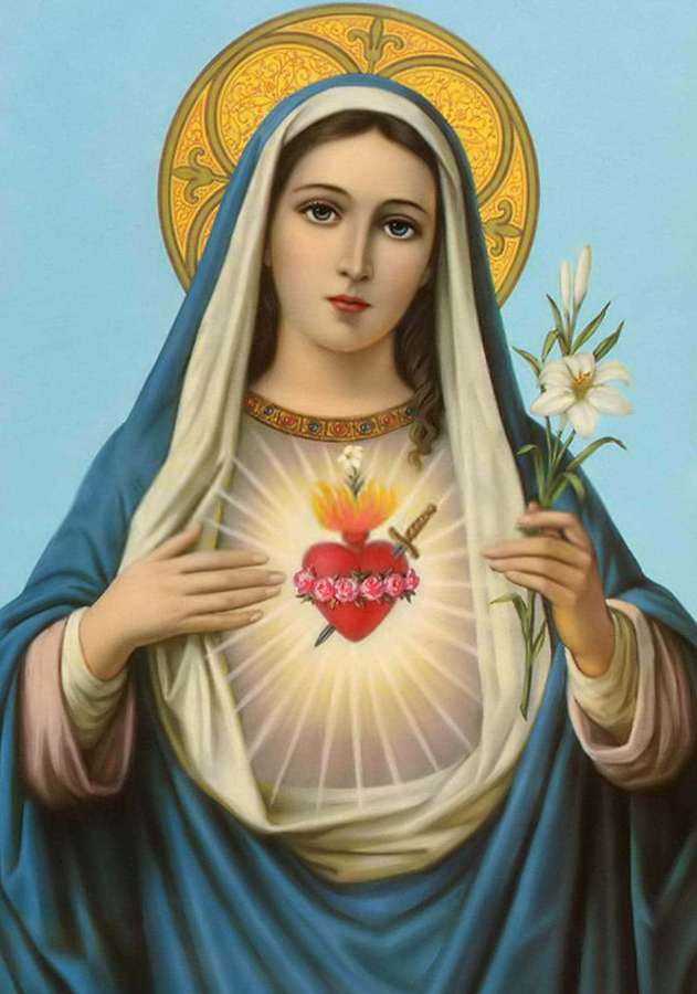 Religiöses Porträt von Maria, die eine Lilie mit einem leuchtenden heiligen Herzen hält. — Mutter Maria Wallpaper