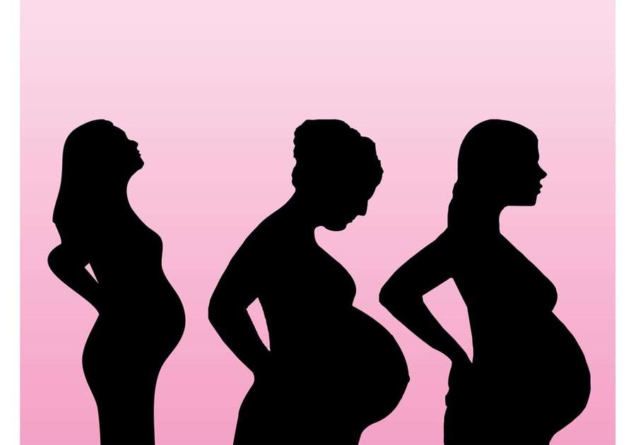 Drei schwangere Frauensilhouetten im Profil vor einem rosa Hintergrund. — Mutterschaftsbilder Bild Bilder