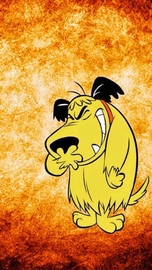 Ein cartoonhafter gelber Hund, der mit schwarzen Ohren und rotem Halsband auf feurig orangefarbenem Hintergrund bellt. — Muttley Bilder
