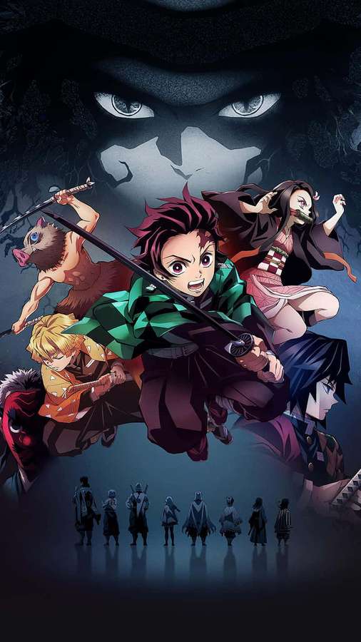 Anime warriors in battle with a shadowy masked figure looming behind. — Muzan Wallpaper