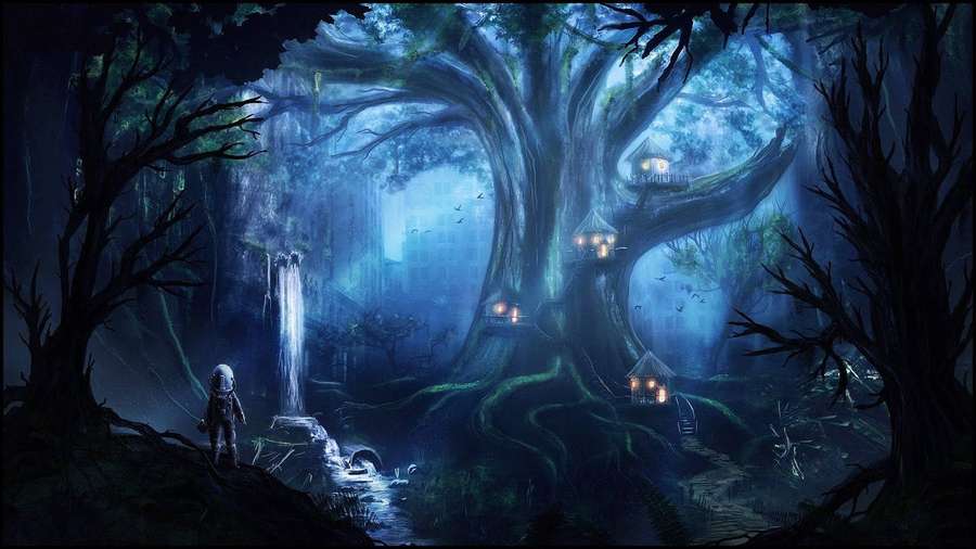 Un astronauta esplora una foresta mistica con case sugli alberi luminose e una cascata di notte. — Mystery Sfondi