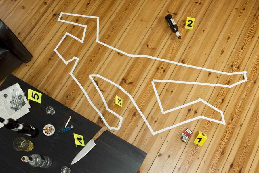 Crime scene with chalk outline and evidence markers on wooden floor. — Mystery Background
