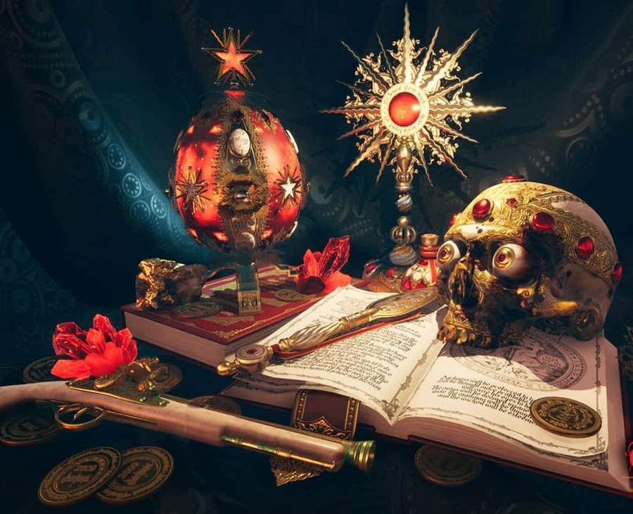 Mystical objects including a skull, egg, and sunburst arranged on an open book. — Mystical Artifacts Wallpaper