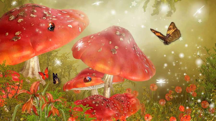 Giant red mushrooms with white spots in a magical forest with butterflies and glowing lights. — Mystical Background