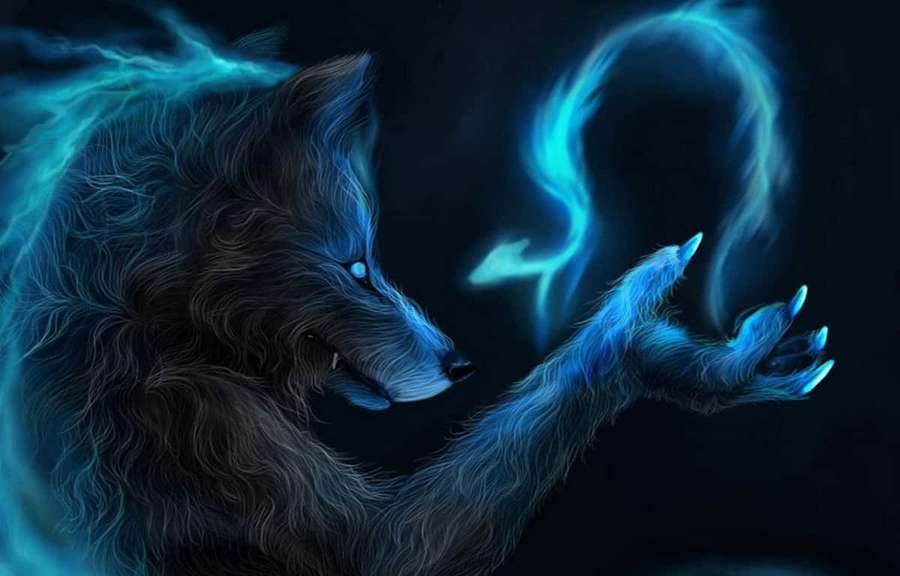 Ein leuchtender blauer Wolf beschwört mit seiner Pfote magische Energie in einer dunklen Szene. — Mystical Wolf Bilder