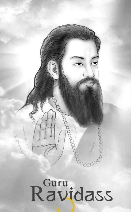 Guru Ravidass dargestellt in einer friedlichen Illustration mit erhobener Hand und Perlen vor einem bewölkten Himmel. — Mystique Bilder