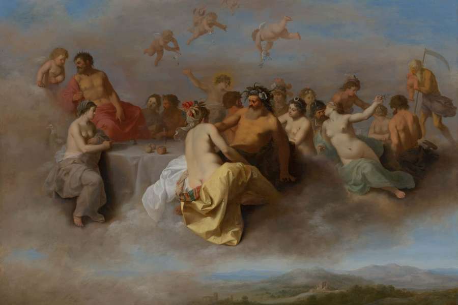 Mythological figures feast on clouds above a pastoral landscape in a classical painting. — Mythical Background