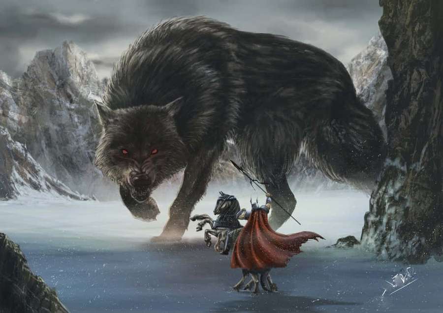 Ridder til hest konfronterer kæmpeulv i snedækkede bjerge. — Mythical Wolf Wallpapers
