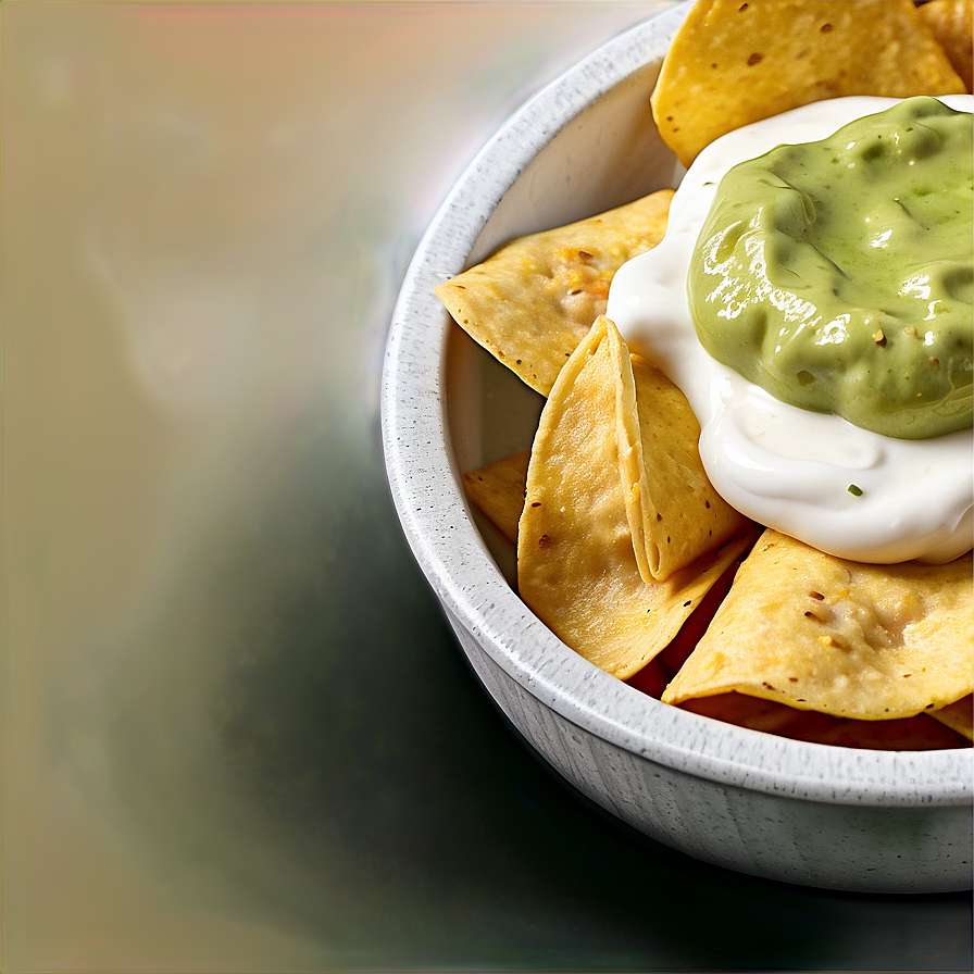 Een kom tortillachips met zure room en guacamole dip — Nachos Achtergronden