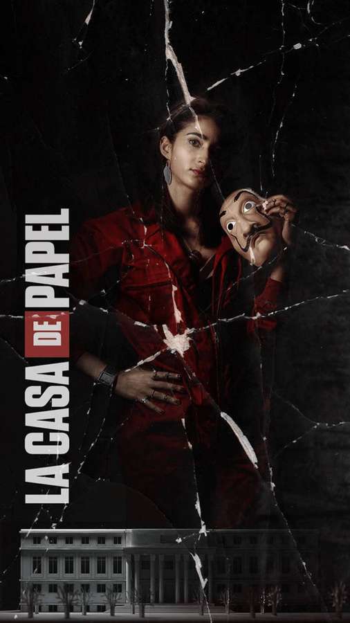 Woman in red jumpsuit holding Dalí mask behind cracked glass over bank building. — Nairobi Wallpaper