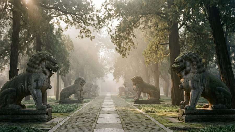 Mystical morning view of the Ming Xiaoling Mausoleum's sacred way in fog — Nanjing Background