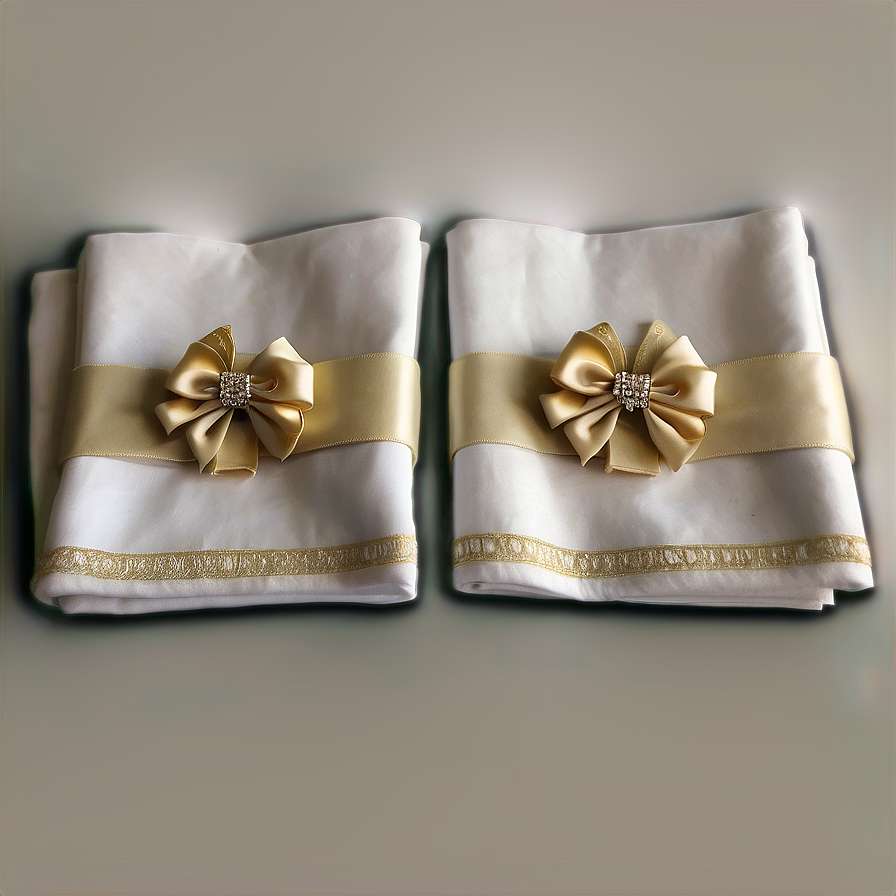 Two white napkins with gold bows and rhinestone centers for formal table setting. — Napkin PNG