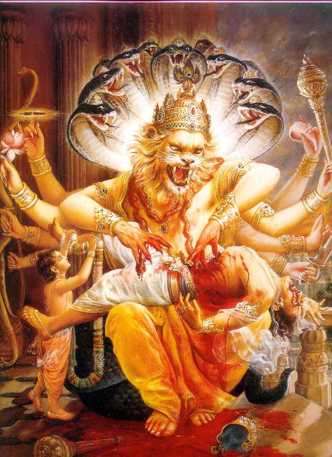 A fierce multi-armed lion-headed Hindu deity with a cobra crown and bloodied hands in a temple. — Narasimha Background