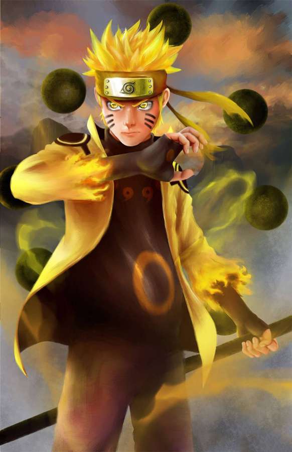 Naruto Uzumaki in Nine-Tails Chakra Mode with glowing yellow aura and dark orbs. — Naruto 3d Background