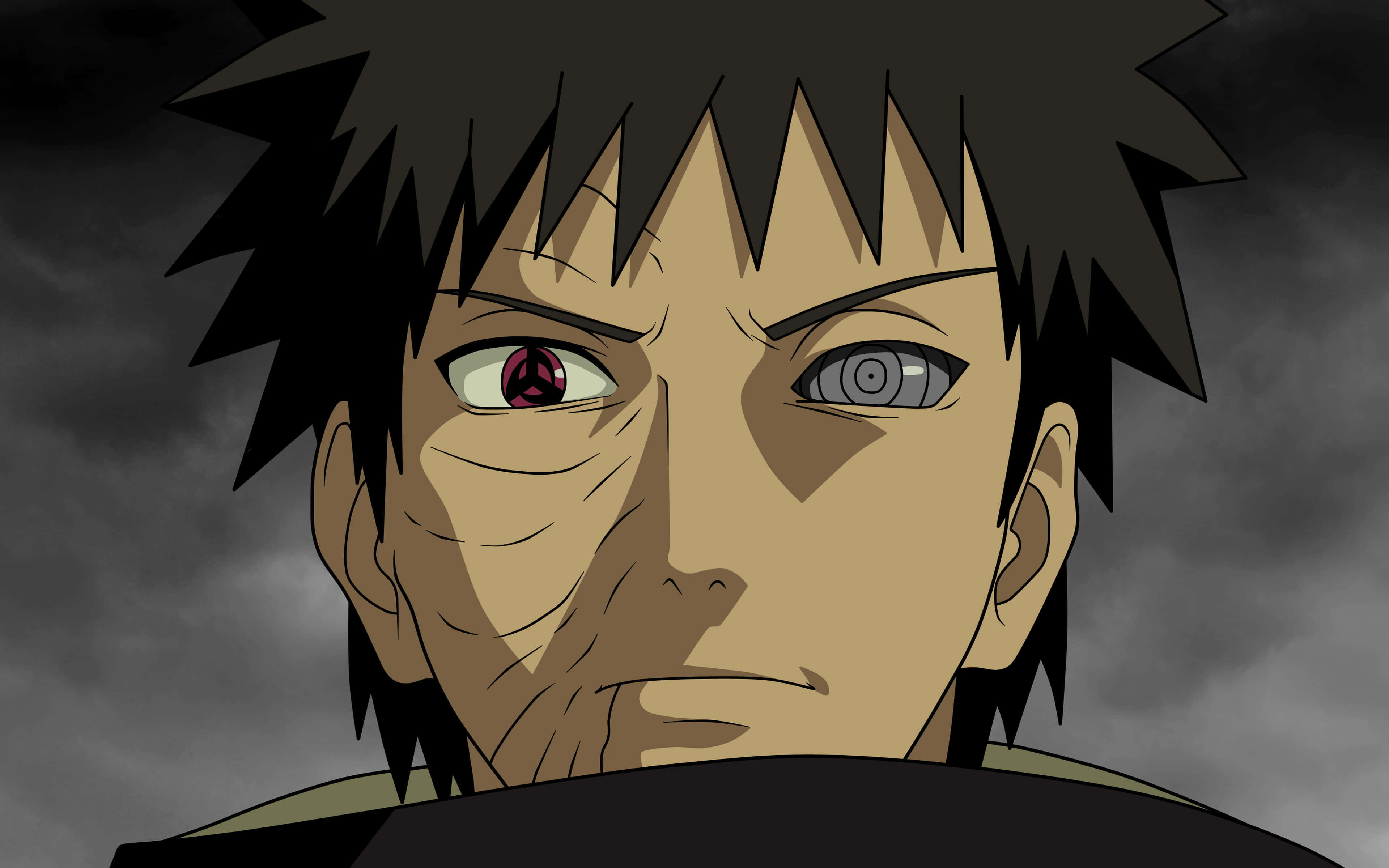 Anime-Charakter mit stacheligem schwarzem Haar und verschiedenfarbigen Augen vor stürmischem Himmel. — Naruto 4K Bilder