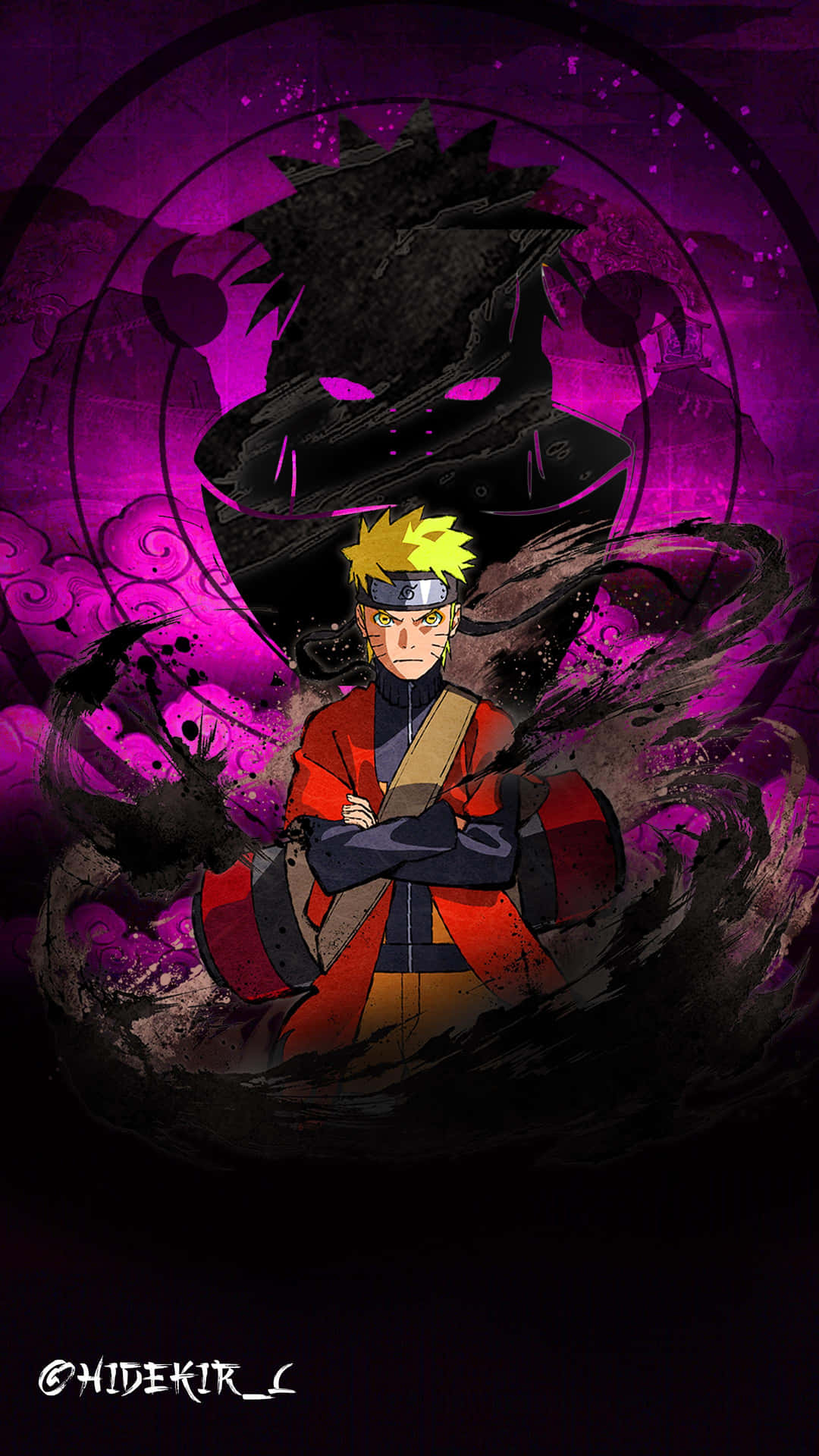 Anime-ninjadreng i rød kappe over for mørk skygge med glødende øjne. — Naruto Æstetisk Computer Wallpapers
