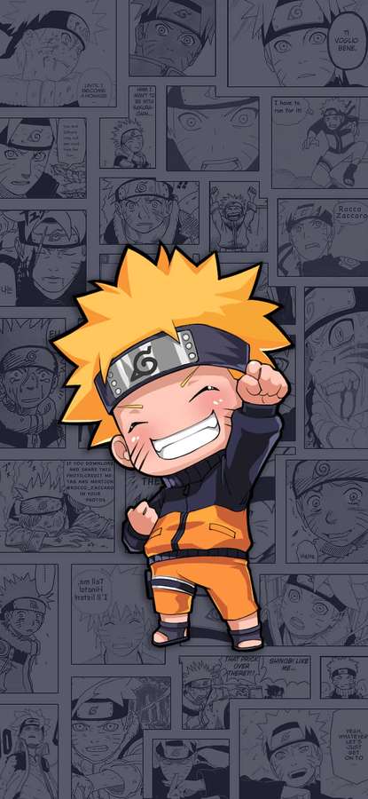 Chibi Naruto Uzumaki punches forward with a big grin in a comic panel background. — Naruto Aesthetic Phone Wallpaper