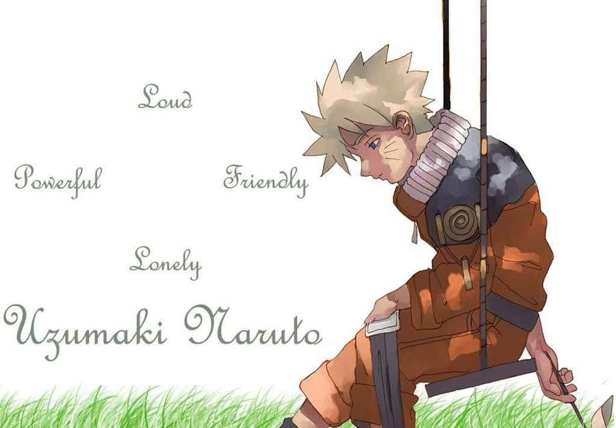 Anime character Naruto Uzumaki sitting on a swing with descriptive words around him. — Naruto Alone Wallpaper