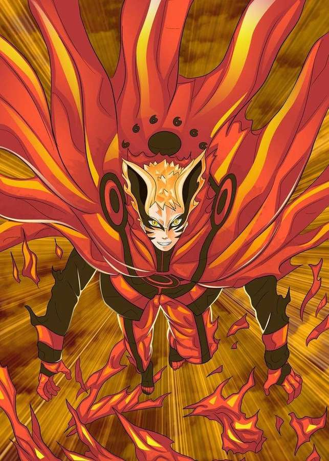Naruto in Nine-Tails Chakra Mode with fiery cloak and glowing eyes. — Naruto Baryon Mode Wallpaper
