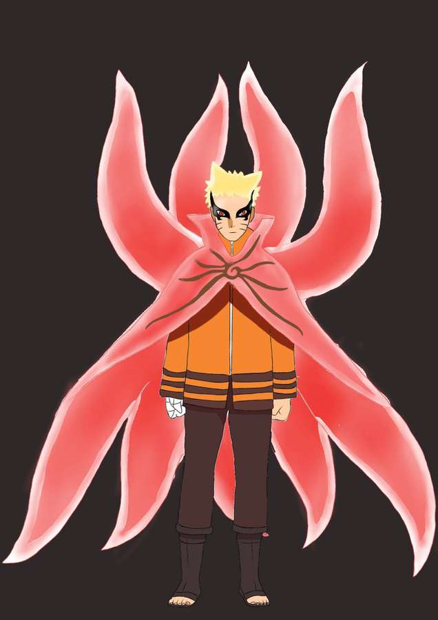 Anime-Ninja Naruto im Neun-Schwänze-Chakra-Modus mit roten Schwänzen vor dunklem Hintergrund — Naruto Baryon modus Wallpaper