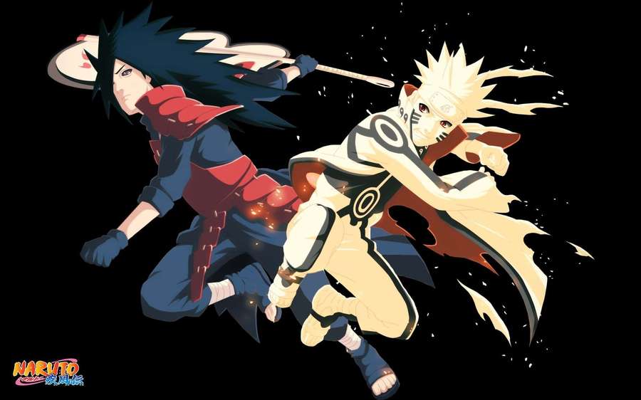 Two anime ninja characters in mid-fight with motion blur and glowing energy effects. — Naruto Black Background