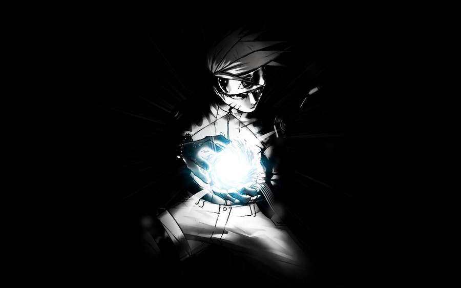 Anime character holding glowing orb in dark setting — Naruto Black Wallpaper