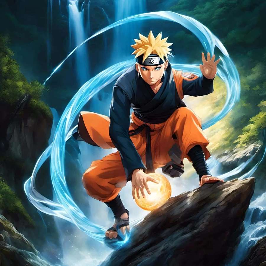 Anime-Ninja mit stacheligem blonden Haar, der in einem Waldwasserfall blaue Chakra-Energie kanalisiert. — Naruto Blau Wallpaper