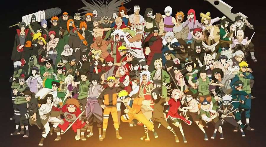 Anime characters from Naruto posing in a group action scene. — Naruto Characters Background