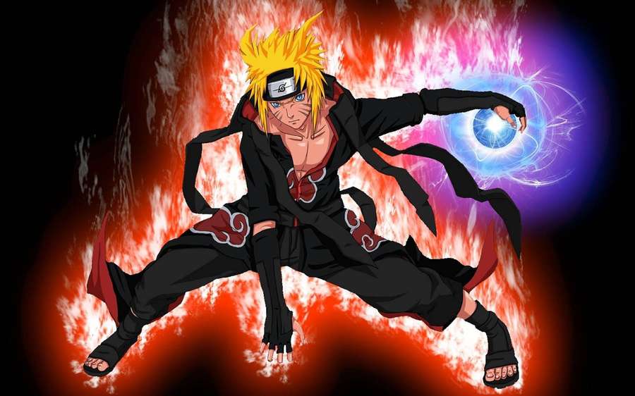 Ninja de anime Naruto em capa preta canalizando chakra azul com fundo vermelho ardente. — Naruto Drip Papéis de Parede