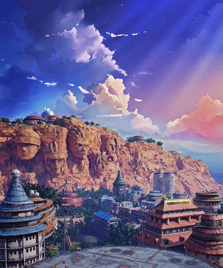 Ciudad anime con rostros gigantes en el acantilado bajo un cielo crepuscular colorido. — Naruto Estético Fondos de pantalla
