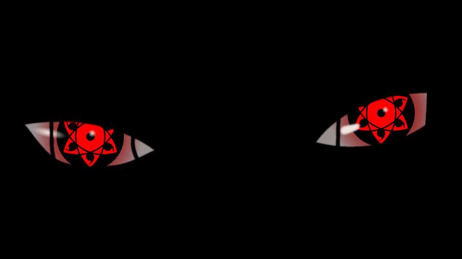 Two glowing red anime eyes with tomoe patterns against a black background. — Naruto Eyes Wallpaper