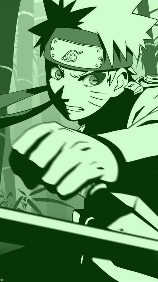 Anime ninja in green monochrome gripping sword with intense focus. — Naruto Green Background