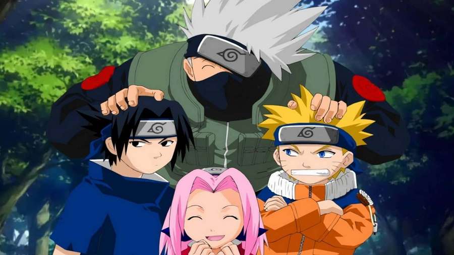 Four anime ninja characters pose together in a forest at night. — Naruto Group Wallpaper