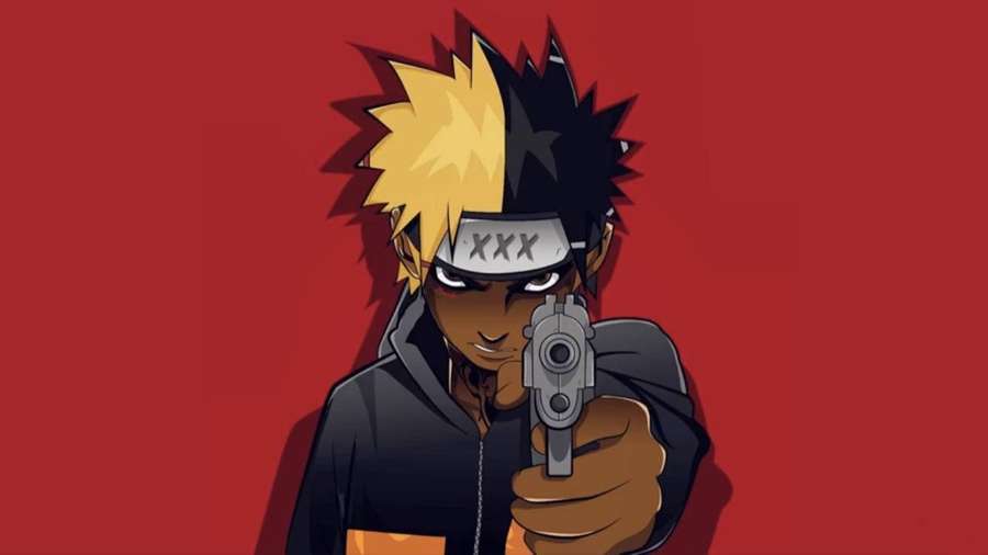 Anime character with split hair pointing a gun at viewer on red background — Naruto Gucci Wallpaper