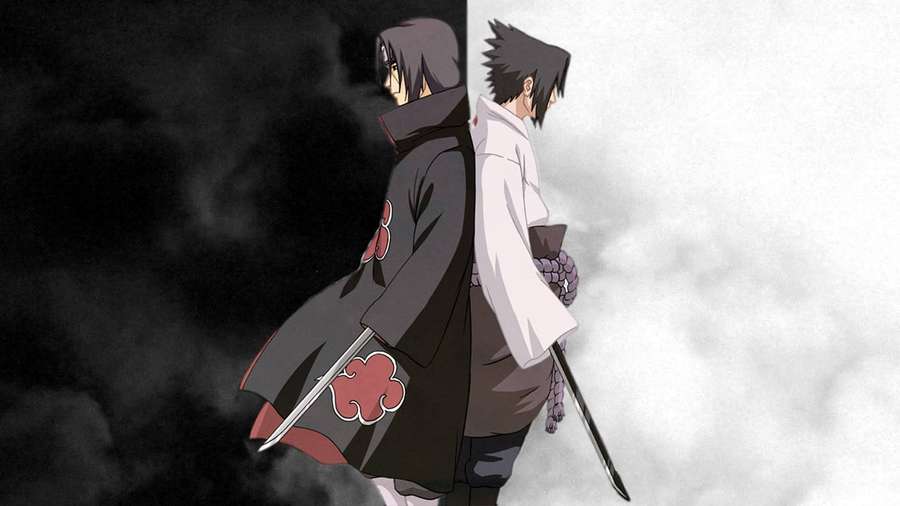 Two anime ninja characters stand back to back in dark and light backgrounds holding swords. — Naruto HD Background