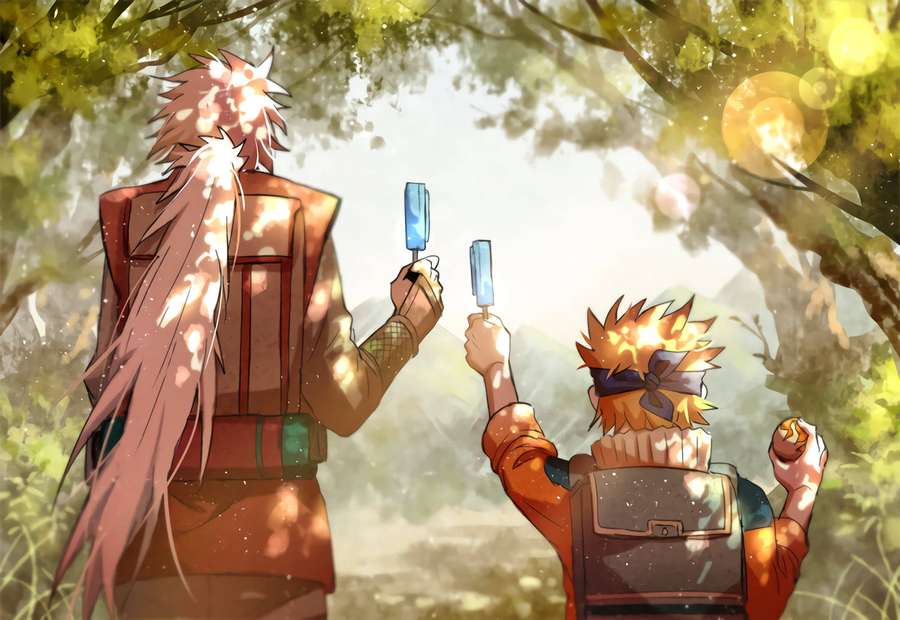 Zwei Anime-Figuren genießen Eis am Stiel in einem sonnigen Wald. — Naruto HD Bilder