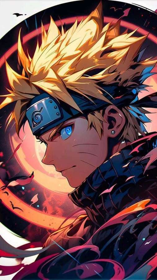 Ninja anime con capelli biondi e appuntiti e occhi azzurri in un vortice di energia infuocata. — Naruto iPhone 11 Sfondi