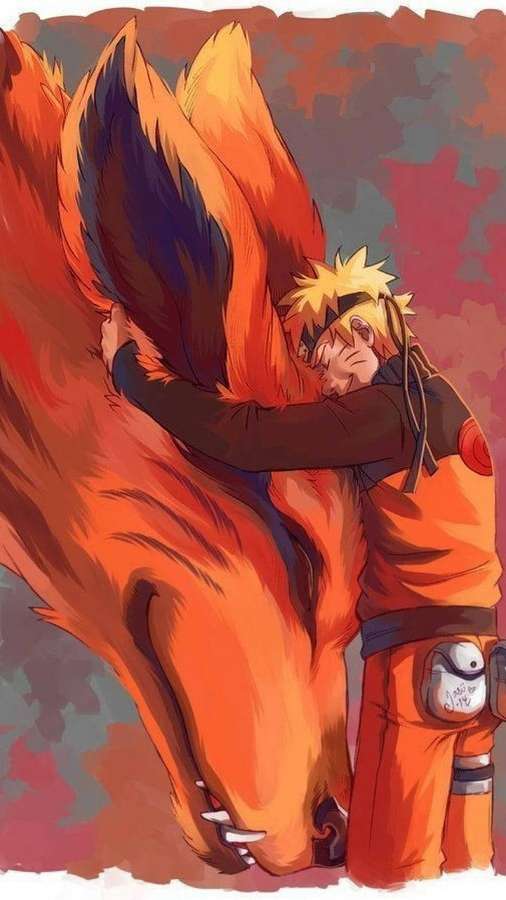 Naruto umarmt den neunschwänzigen Fuchs in einer herzlichen Umarmung. — Naruto Kurama Wallpaper