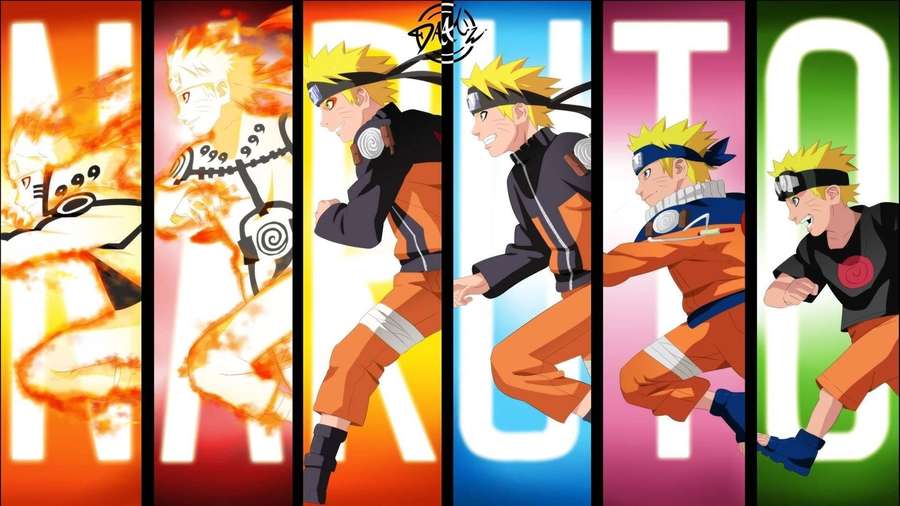 Naruto Uzumaki in six action poses across colorful panels with his name behind him. — Naruto Laptop Wallpaper