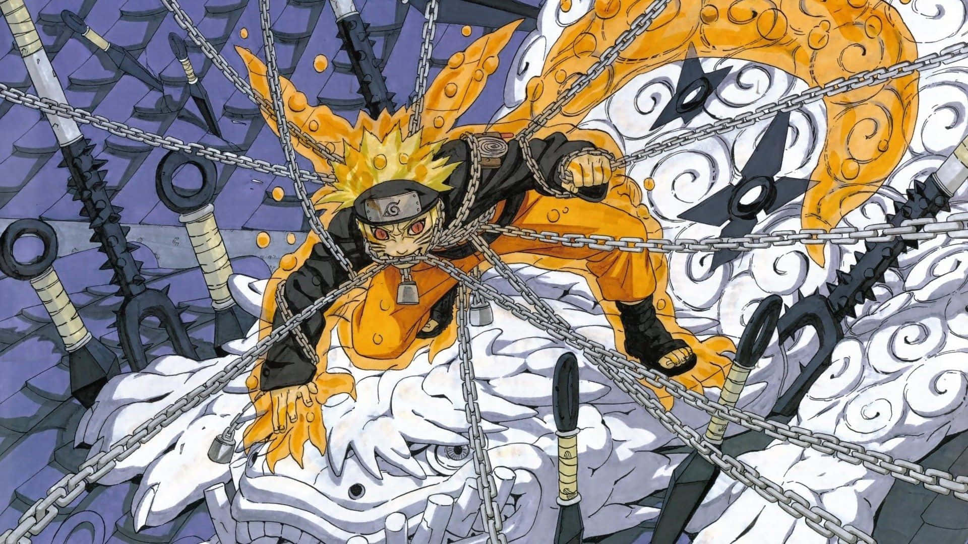 Naruto in Nine-Tails Chakra Mode surrounded by chains and weapons. — Naruto Manga Background