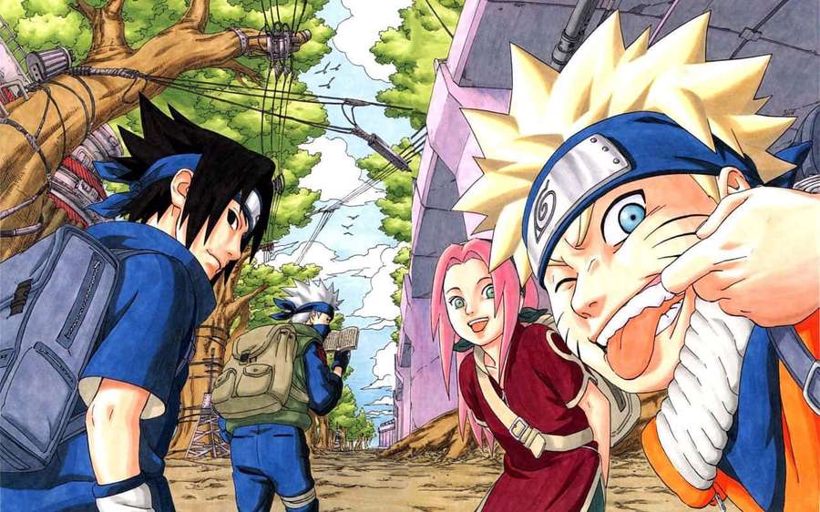 Anime-Ninja-Charaktere Naruto, Sakura und Sasuke in einer Dorfstraßenszene. — Naruto Manga Wallpaper