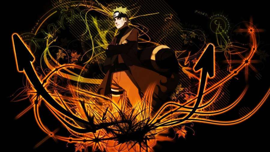 Anime-ninja Naruto kädet ristissä hehkuvien oranssien nuolten ja vaahteranlehtien ympäröimänä. — Naruto Musta Taustakuvat