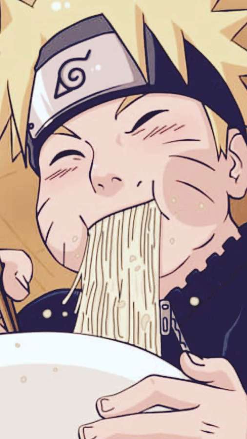 Anime boy with spiky hair eating ramen with big grin and noodles flying. — Naruto Ramen Wallpaper