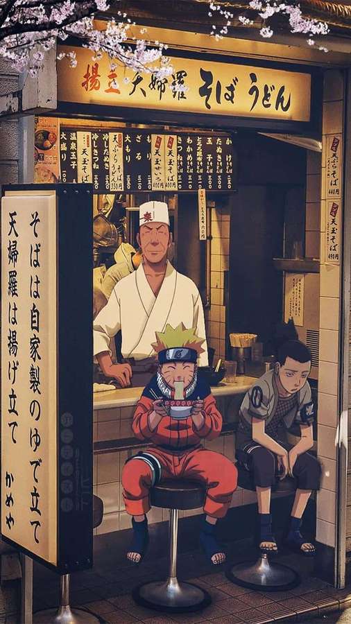 Naruto eats ramen at a Japanese noodle shop under cherry blossoms at night. — Naruto Ramen Background
