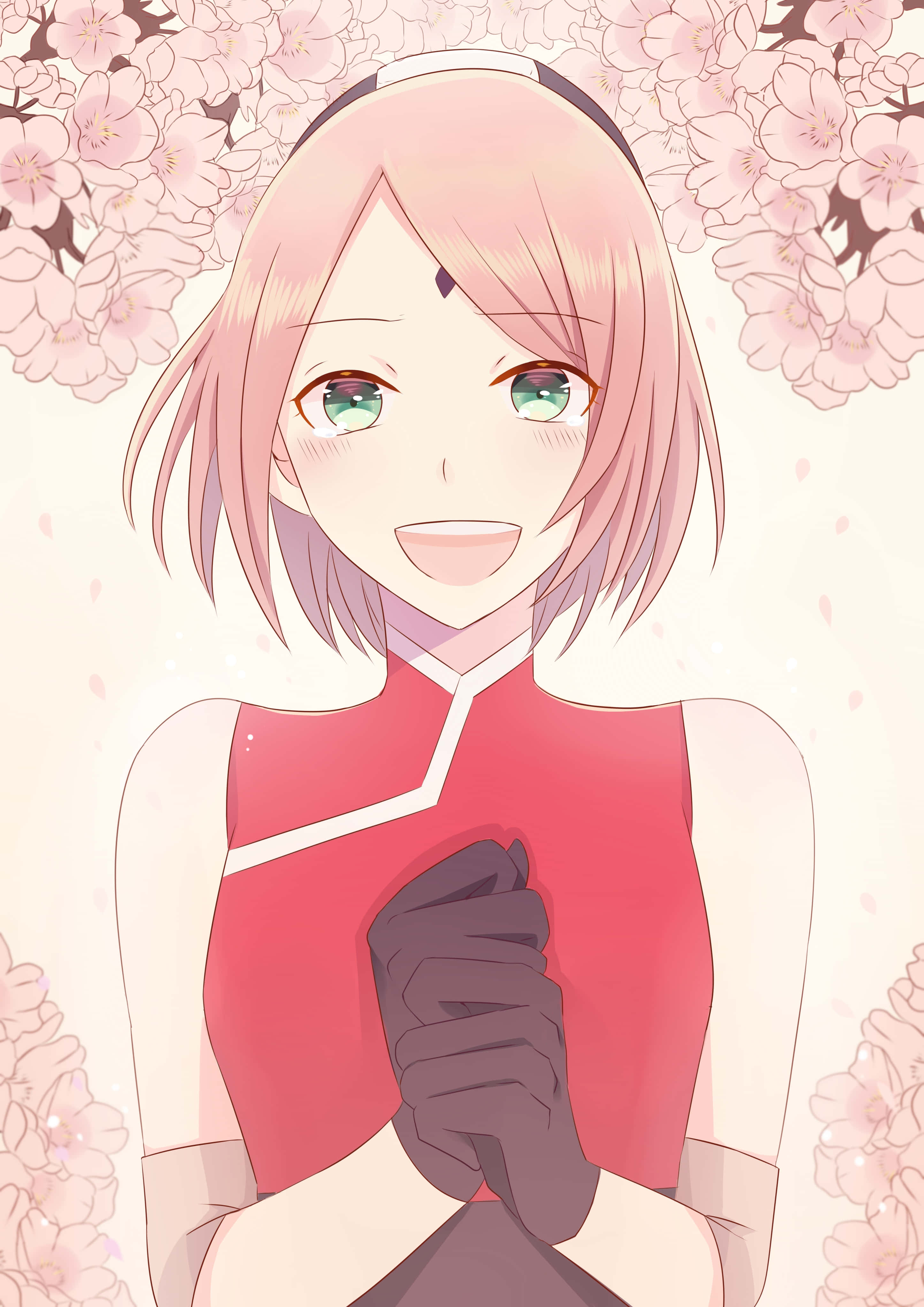 Anime girl with pink hair and green eyes smiling under cherry blossoms. — Naruto Sakura Background